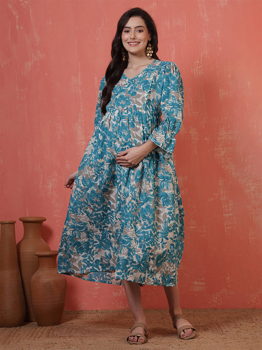 Women Printed Flared Maternity Dress | LASVINI - Redefining Indian Fashion with Elegance
