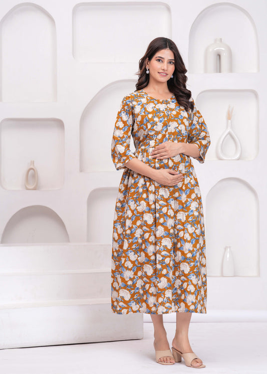 Women Floral Printed Flared Maternity Dress | LASVINI - Redefining Indian Fashion with Elegance