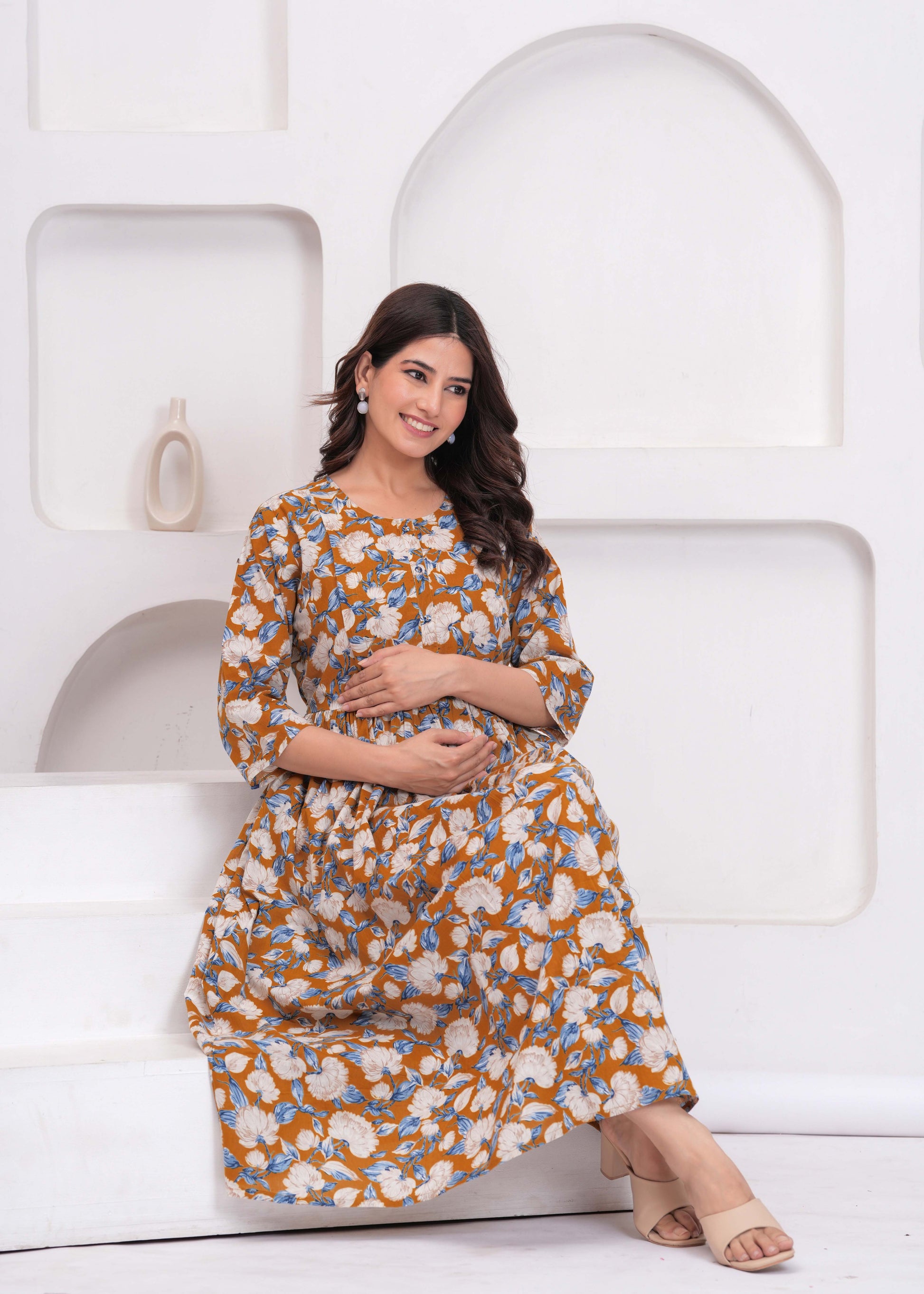 Women Floral Printed Flared Maternity Dress | LASVINI - Redefining Indian Fashion with Elegance