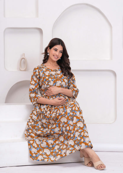 Women Floral Printed Flared Maternity Dress | LASVINI - Redefining Indian Fashion with Elegance