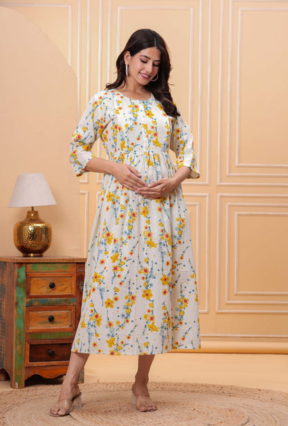 Floral Printed Flared Maternity Dress for Women | LASVINI - Redefining Indian Fashion with Elegance
