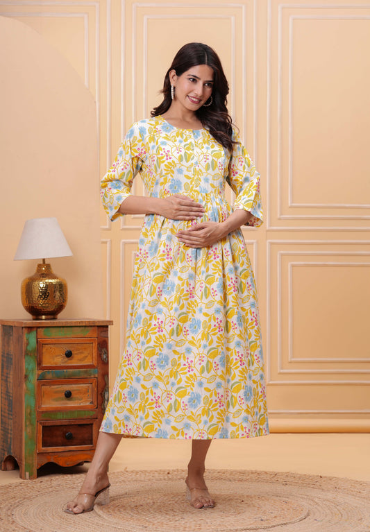 Yellow Floral Printed Flared Maternity Dress for Women | LASVINI - Redefining Indian Fashion with Elegance