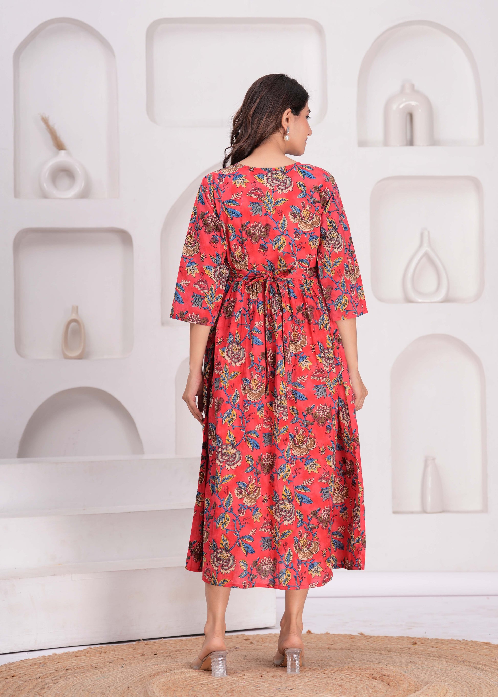Maroon Floral Printed Flared Maternity Dress for Women | LASVINI - Redefining Indian Fashion with Elegance