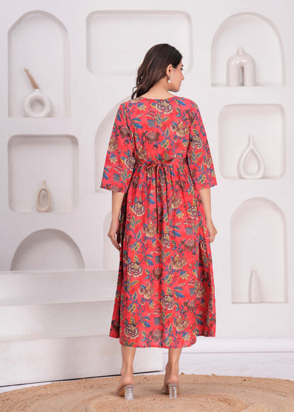 Maroon Floral Printed Flared Maternity Dress for Women | LASVINI - Redefining Indian Fashion with Elegance