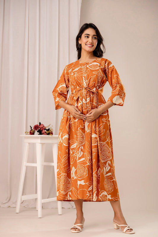Rust Printed Maternity Dress for Women | LASVINI - Redefining Indian Fashion with Elegance