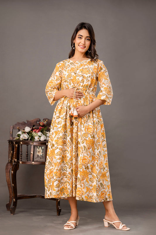 Yellow Printed Maternity Dress for Women | LASVINI - Redefining Indian Fashion with Elegance