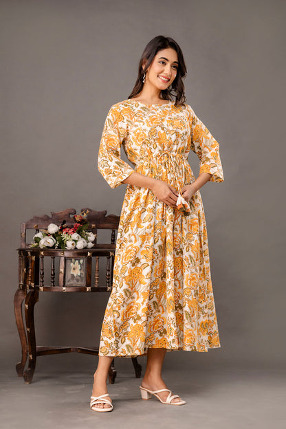 Yellow Printed Maternity Dress for Women | LASVINI - Redefining Indian Fashion with Elegance