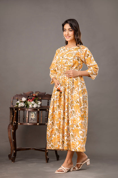 Yellow Printed Maternity Dress for Women | LASVINI - Redefining Indian Fashion with Elegance
