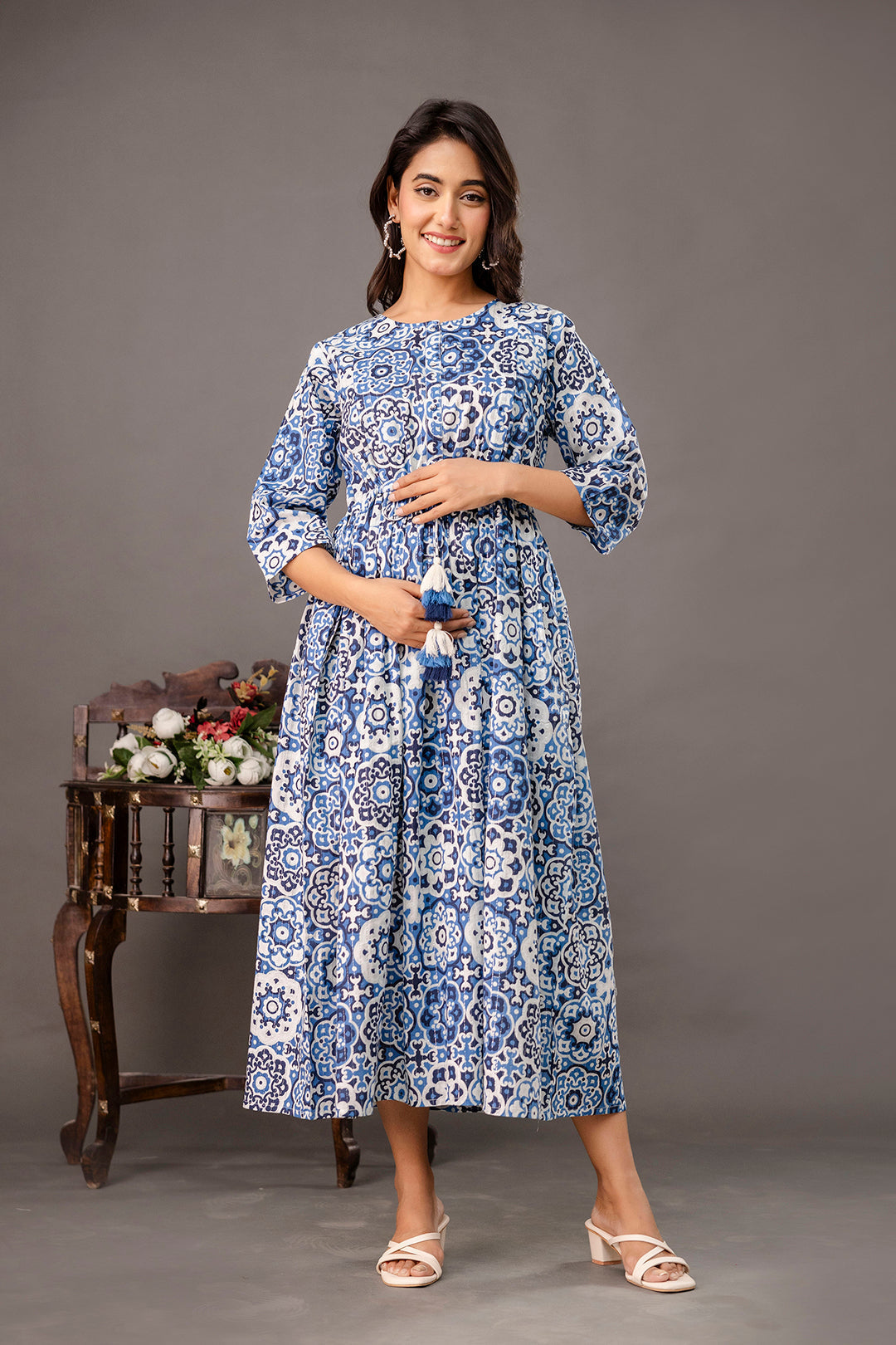 Blue Printed Maternity Dress fro Women | LASVINI - Redefining Indian Fashion with Elegance