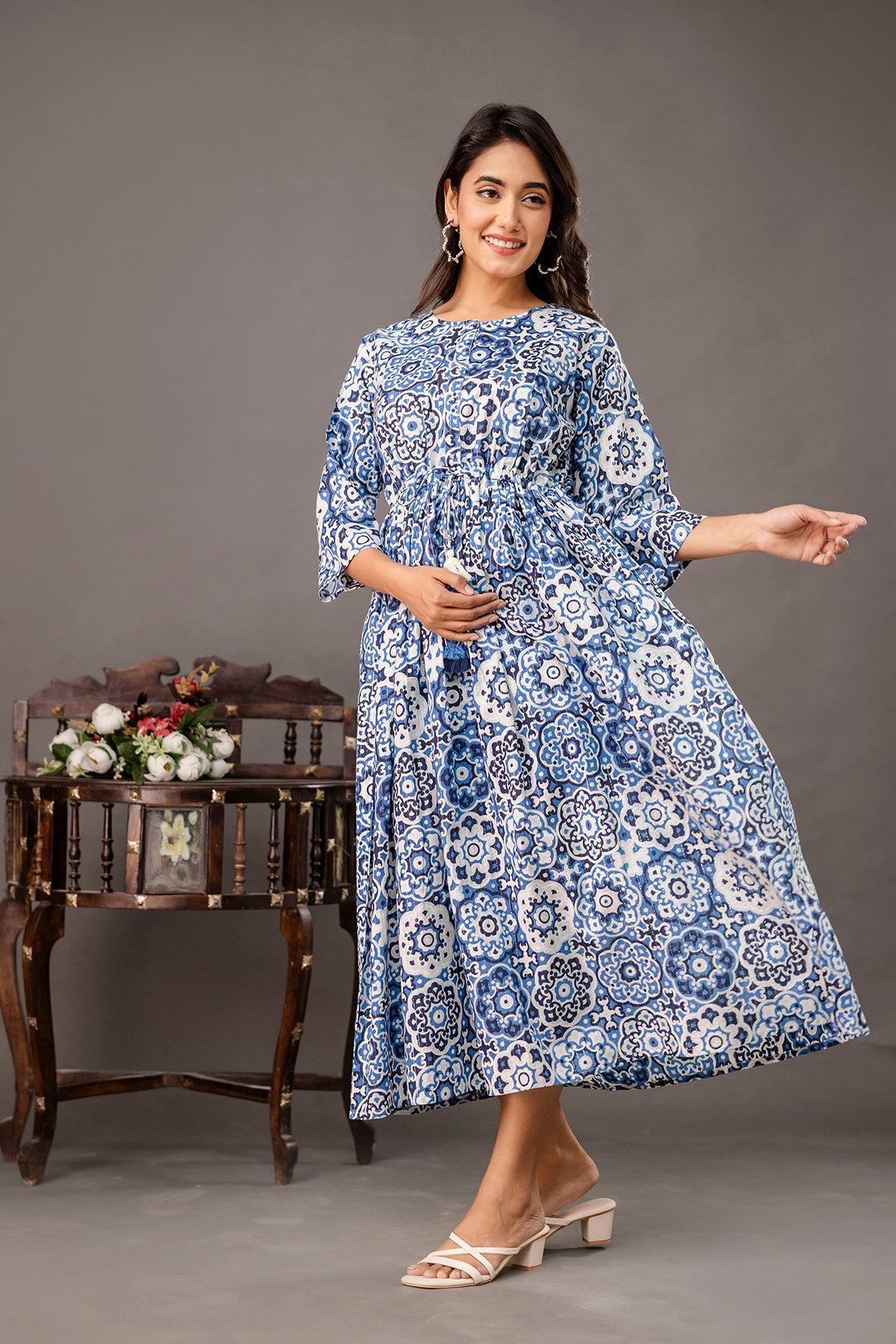 Blue Printed Maternity Dress fro Women | LASVINI - Redefining Indian Fashion with Elegance