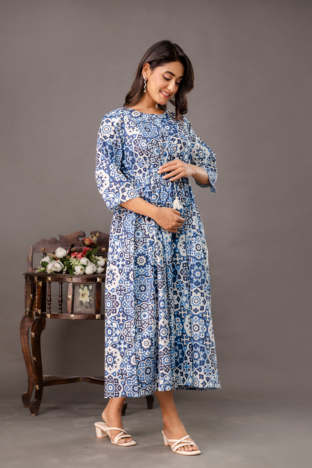 Blue Printed Maternity Dress fro Women | LASVINI - Redefining Indian Fashion with Elegance