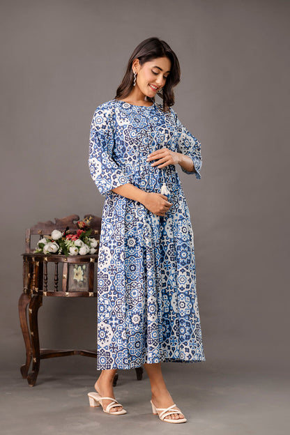 Blue Printed Maternity Dress fro Women | LASVINI - Redefining Indian Fashion with Elegance