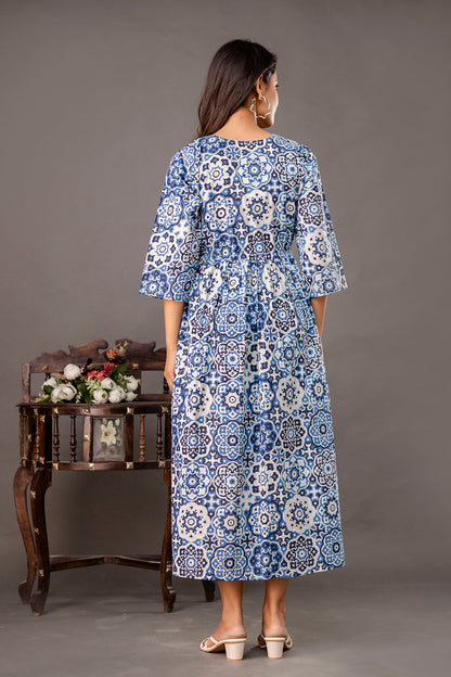 Blue Printed Maternity Dress fro Women | LASVINI - Redefining Indian Fashion with Elegance