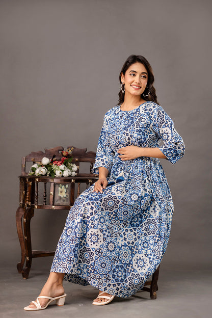 Blue Printed Maternity Dress fro Women | LASVINI - Redefining Indian Fashion with Elegance
