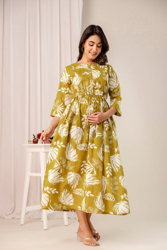 Olive Tropical Printed Maternity Dress for Women | LASVINI - Redefining Indian Fashion with Elegance
