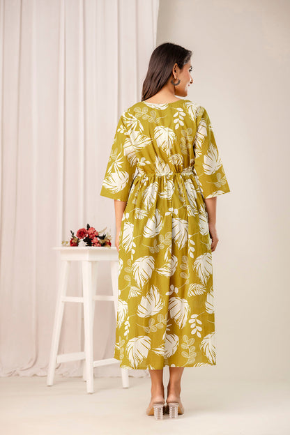 Olive Tropical Printed Maternity Dress for Women | LASVINI - Redefining Indian Fashion with Elegance