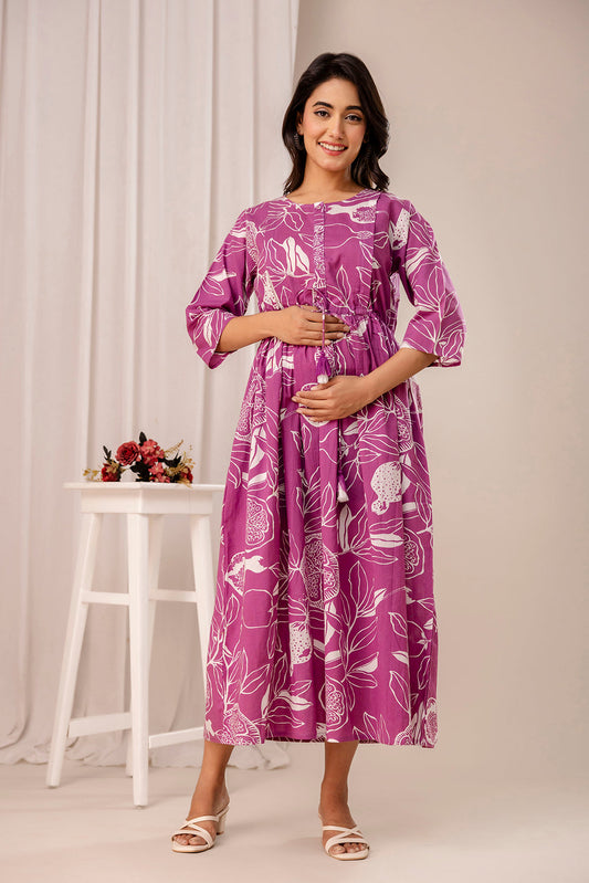Lavender Printed Maternity Dress fro Women | LASVINI - Redefining Indian Fashion with Elegance