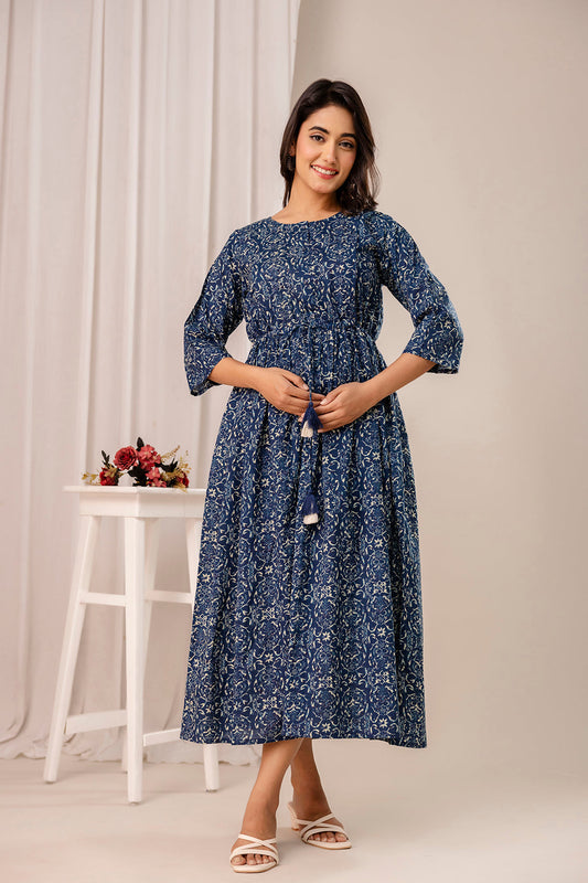 Blue Printed Maternity Dress fro Women | LASVINI - Redefining Indian Fashion with Elegance