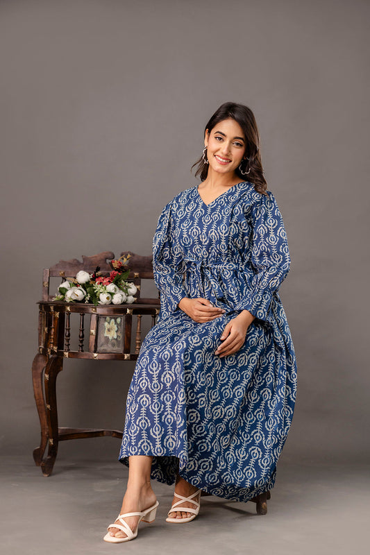 Blue Printed Maternity Dress fro Women | LASVINI - Redefining Indian Fashion with Elegance