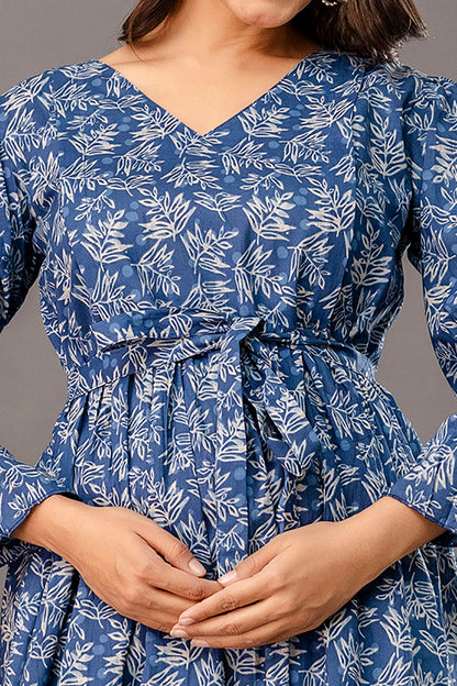 Blue Printed Maternity Dress fro Women | LASVINI - Redefining Indian Fashion with Elegance