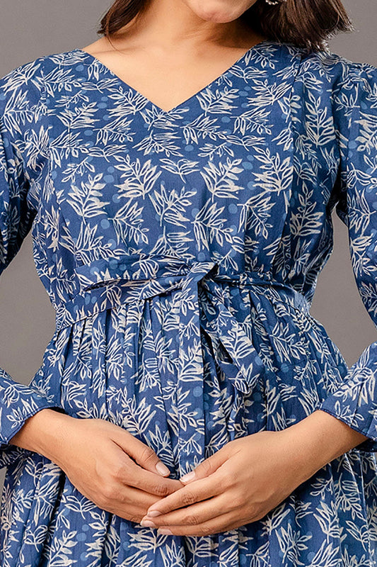 Blue Printed Maternity Dress fro Women | LASVINI - Redefining Indian Fashion with Elegance