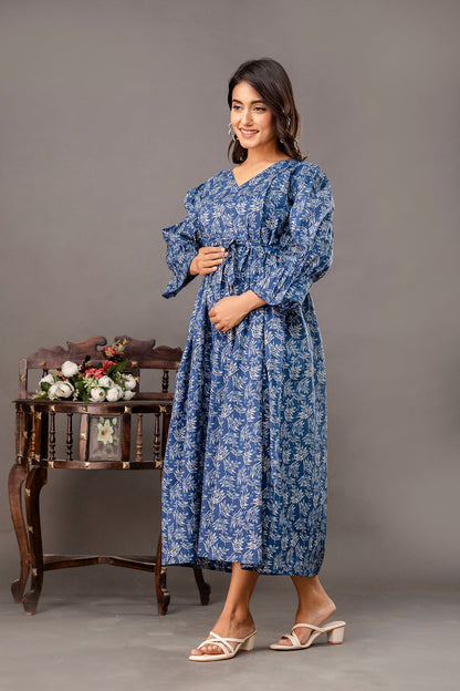 Blue Printed Maternity Dress fro Women | LASVINI - Redefining Indian Fashion with Elegance