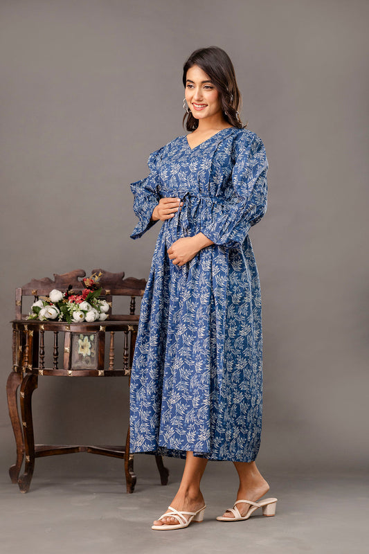 Blue Printed Maternity Dress fro Women | LASVINI - Redefining Indian Fashion with Elegance