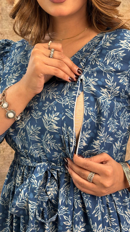 Blue Printed Maternity Dress fro Women | LASVINI - Redefining Indian Fashion with Elegance