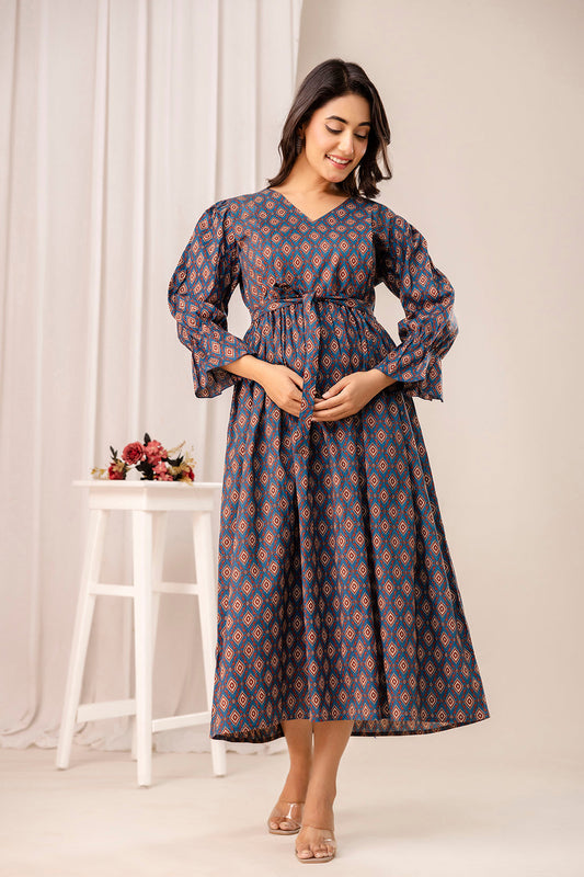 Teal Printed Maternity Dress for Women | LASVINI - Redefining Indian Fashion with Elegance
