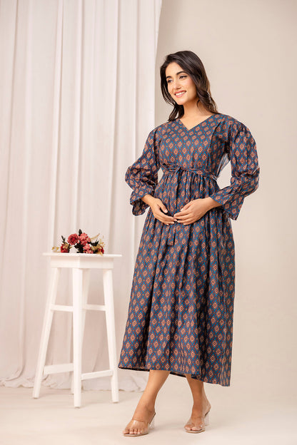 Teal Printed Maternity Dress for Women | LASVINI - Redefining Indian Fashion with Elegance