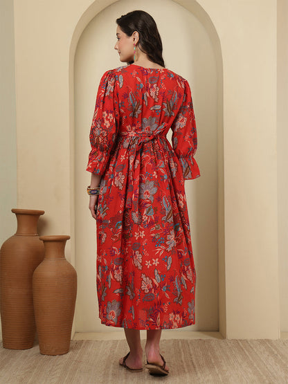 Red Floral Printed Maternity Dress fro Women | LASVINI - Redefining Indian Fashion with Elegance