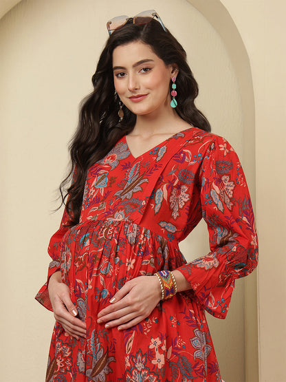 Red Floral Printed Maternity Dress fro Women | LASVINI - Redefining Indian Fashion with Elegance