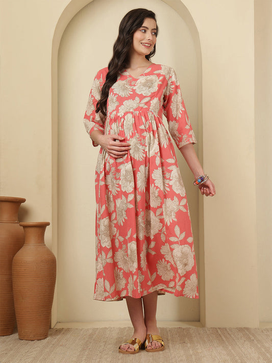 Peach Floral Printed Maternity Dress fro Women | LASVINI - Redefining Indian Fashion with Elegance