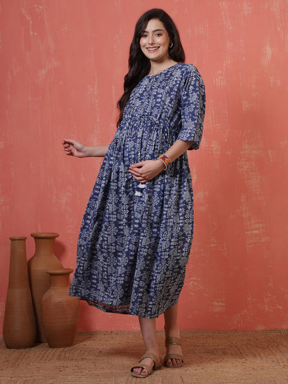 Blue Printed Maternity Dress fro Women | LASVINI - Redefining Indian Fashion with Elegance