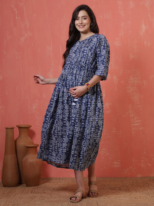 Blue Printed Maternity Dress fro Women | LASVINI - Redefining Indian Fashion with Elegance