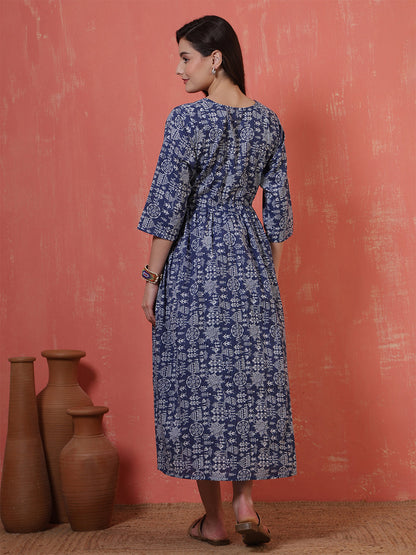 Blue Printed Maternity Dress fro Women | LASVINI - Redefining Indian Fashion with Elegance