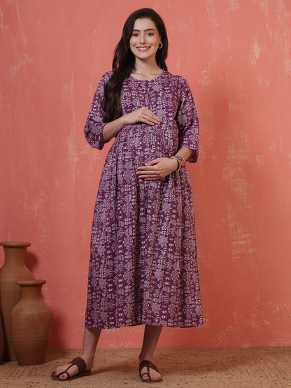 Purple Printed Maternity Dress for Women | LASVINI - Redefining Indian Fashion with Elegance