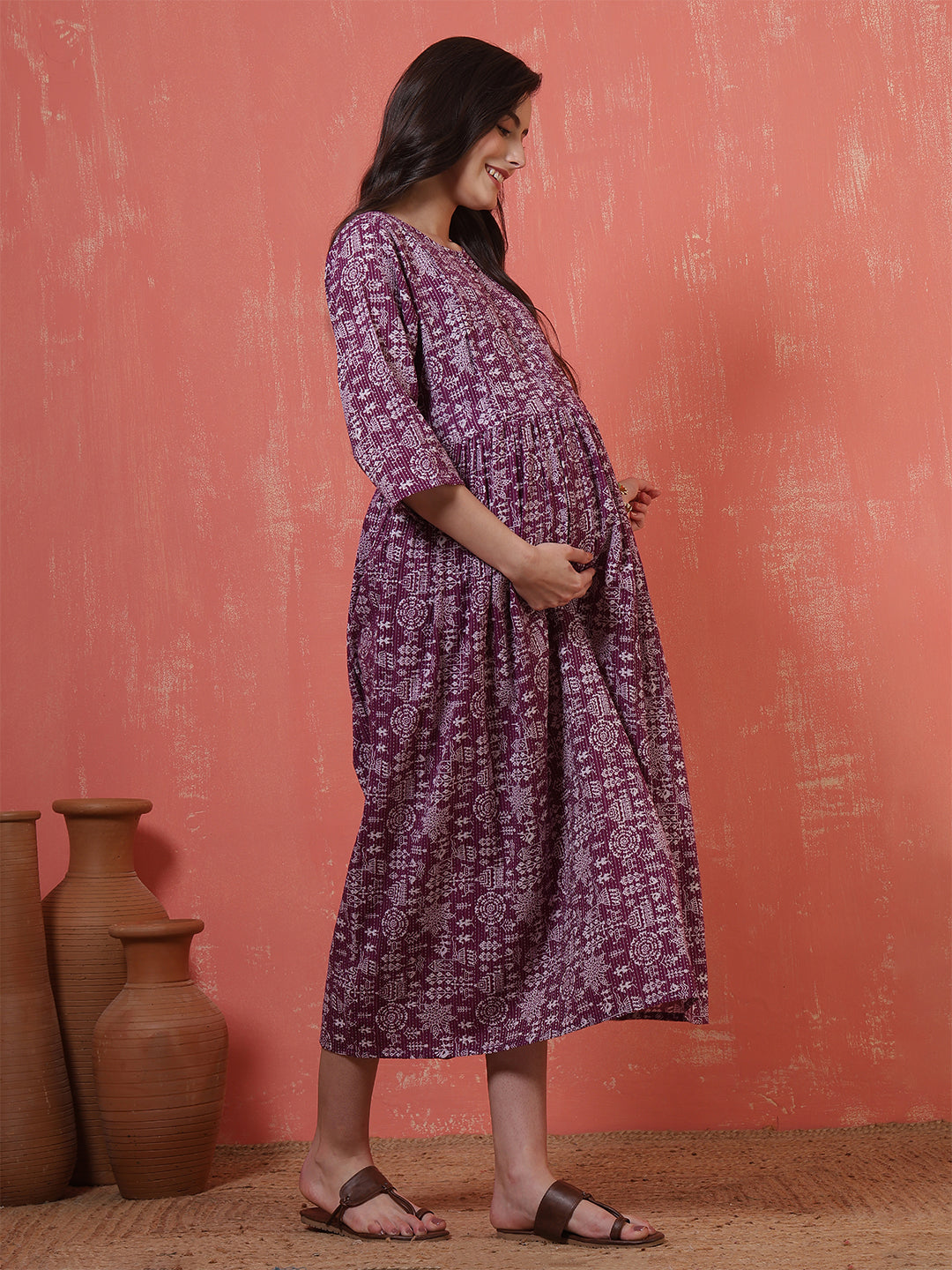 Purple Printed Maternity Dress for Women | LASVINI - Redefining Indian Fashion with Elegance