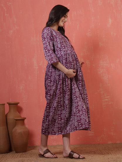 Purple Printed Maternity Dress for Women | LASVINI - Redefining Indian Fashion with Elegance