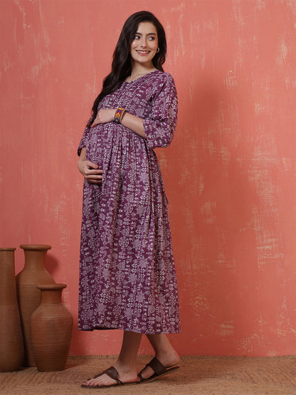 Purple Printed Maternity Dress for Women | LASVINI - Redefining Indian Fashion with Elegance