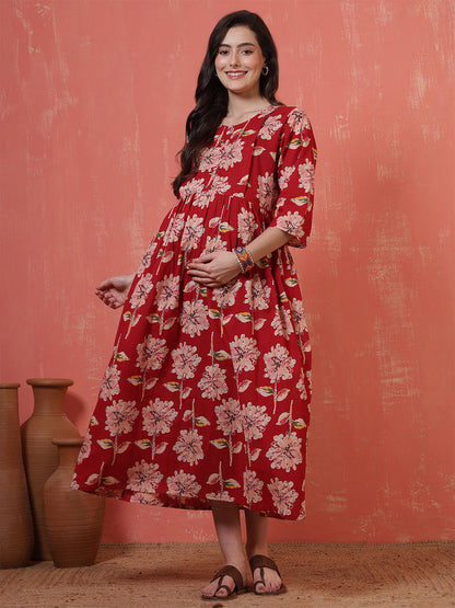 Red Floral Printed Maternity Dress fro Women | LASVINI - Redefining Indian Fashion with Elegance