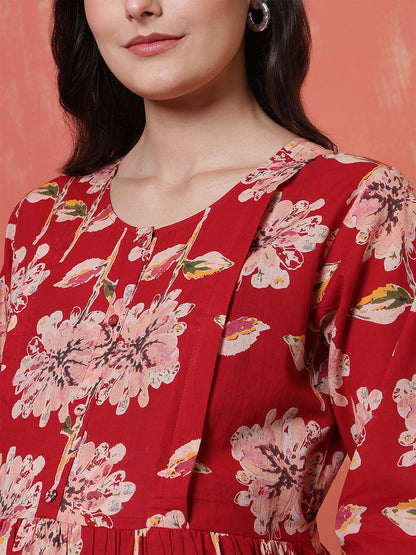 Red Floral Printed Maternity Dress fro Women | LASVINI - Redefining Indian Fashion with Elegance
