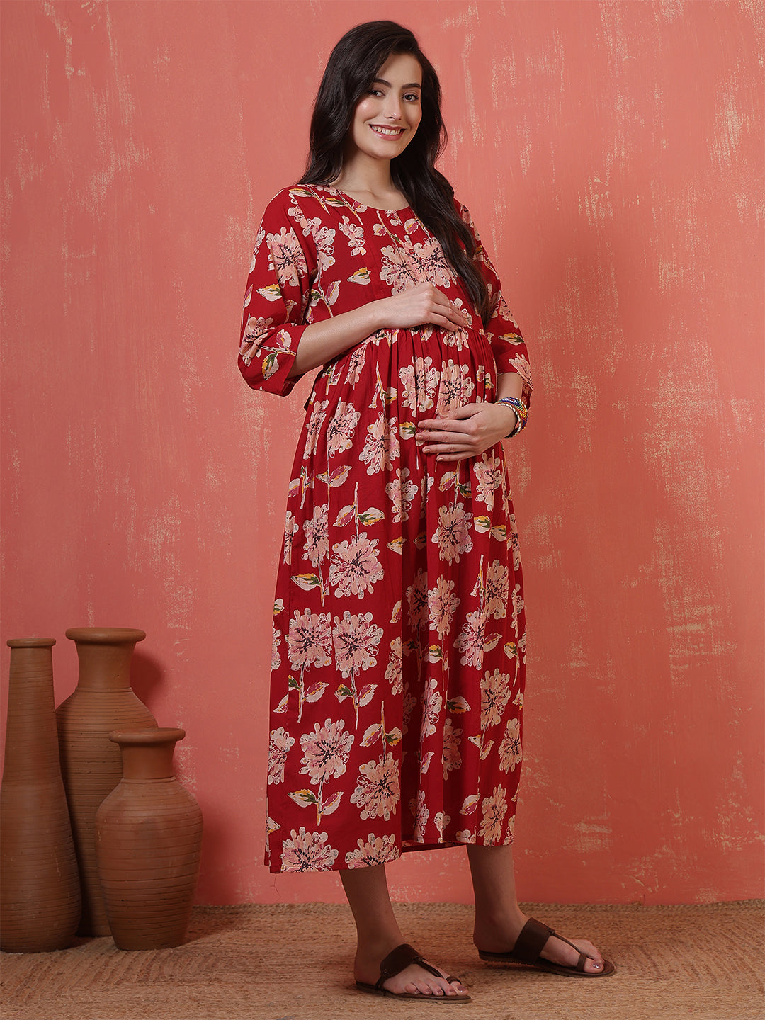 Red Floral Printed Maternity Dress fro Women | LASVINI - Redefining Indian Fashion with Elegance