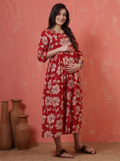 Red Floral Printed Maternity Dress fro Women | LASVINI - Redefining Indian Fashion with Elegance