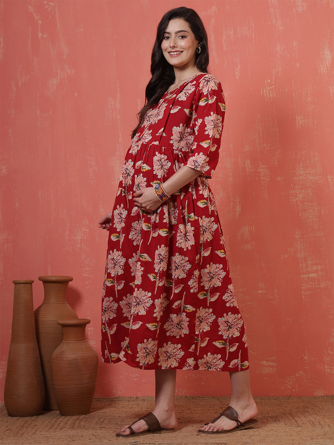 Red Floral Printed Maternity Dress fro Women | LASVINI - Redefining Indian Fashion with Elegance