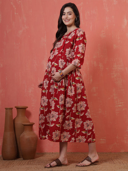 Red Floral Printed Maternity Dress fro Women | LASVINI - Redefining Indian Fashion with Elegance