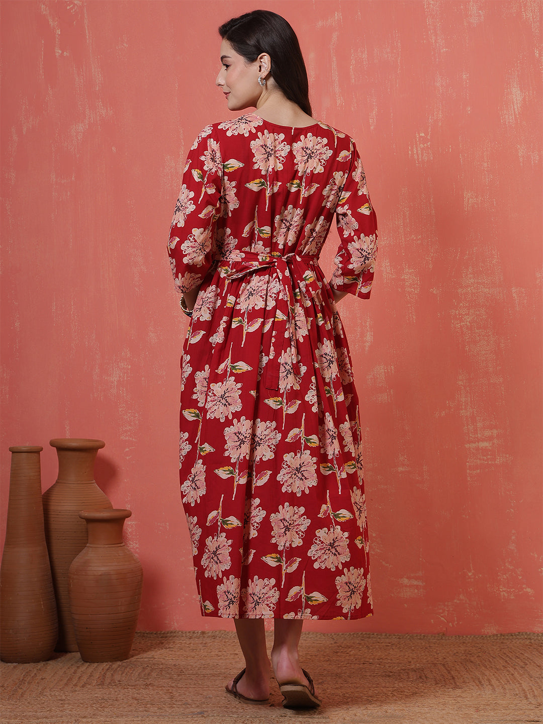 Red Floral Printed Maternity Dress fro Women | LASVINI - Redefining Indian Fashion with Elegance