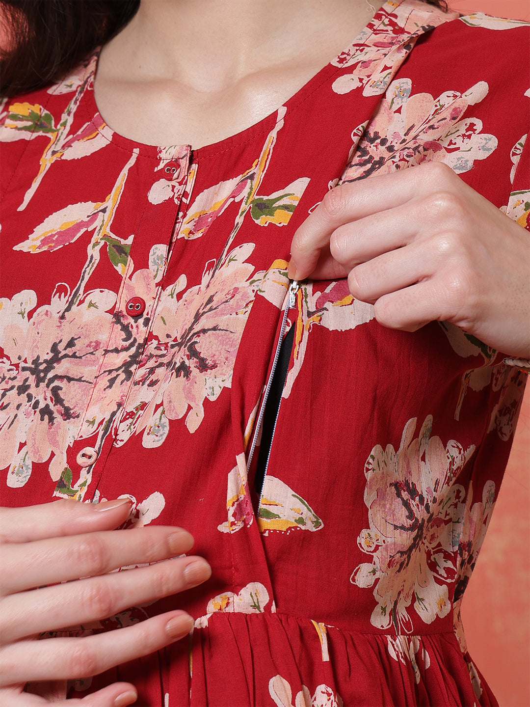 Red Floral Printed Maternity Dress fro Women | LASVINI - Redefining Indian Fashion with Elegance