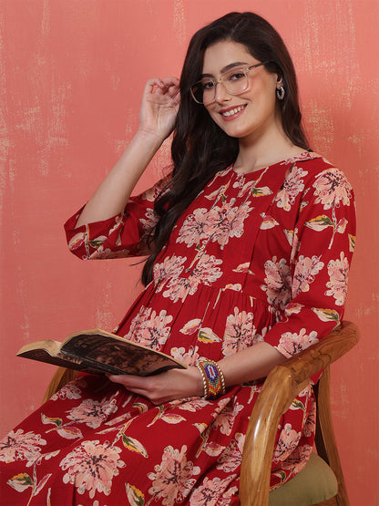 Red Floral Printed Maternity Dress fro Women | LASVINI - Redefining Indian Fashion with Elegance