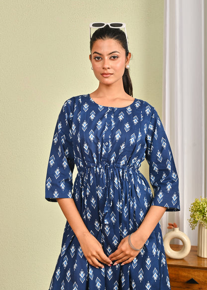 Women Blue Printed Flared Dress | LASVINI - Redefining Indian Fashion with Elegance